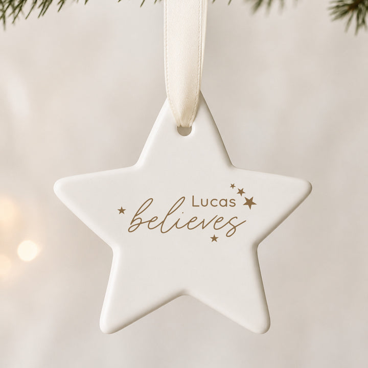 Personalised Gold Star Believes Ceramic Christmas Bauble