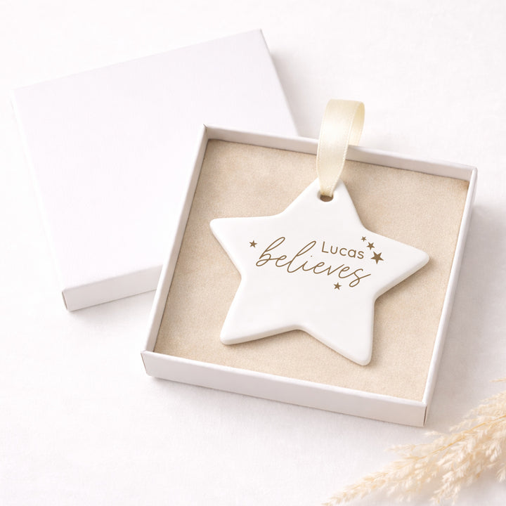 Personalised Gold Star Believes Ceramic Christmas Bauble