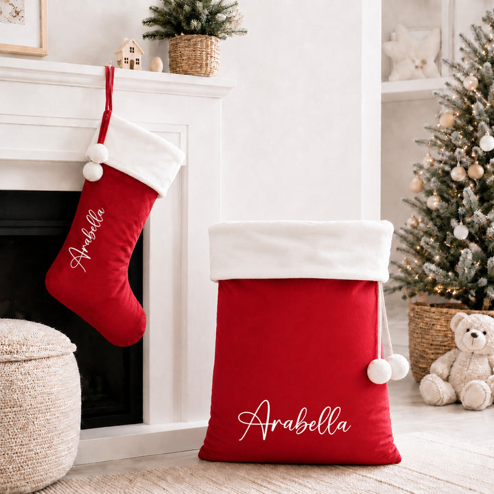 Personalised Script Name Fur Trim Christmas Stocking or Santa Sack