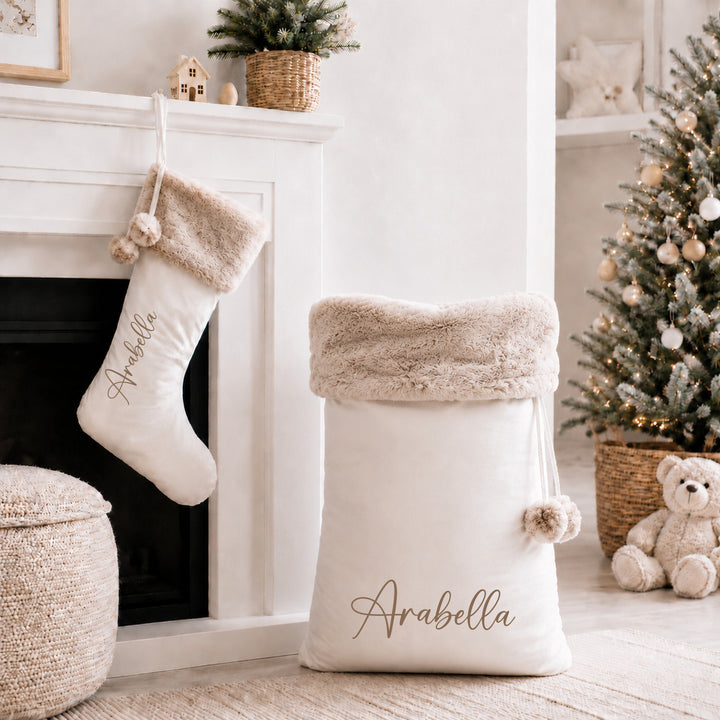 Personalised Script Name Fur Trim Christmas Stocking or Santa Sack