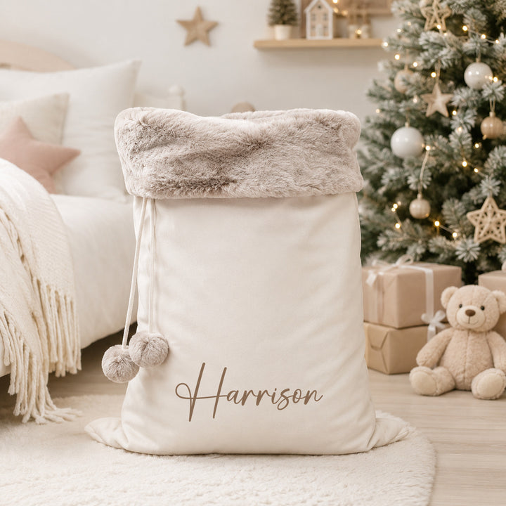 Personalised Script Name Fur Trim Christmas Stocking or Santa Sack