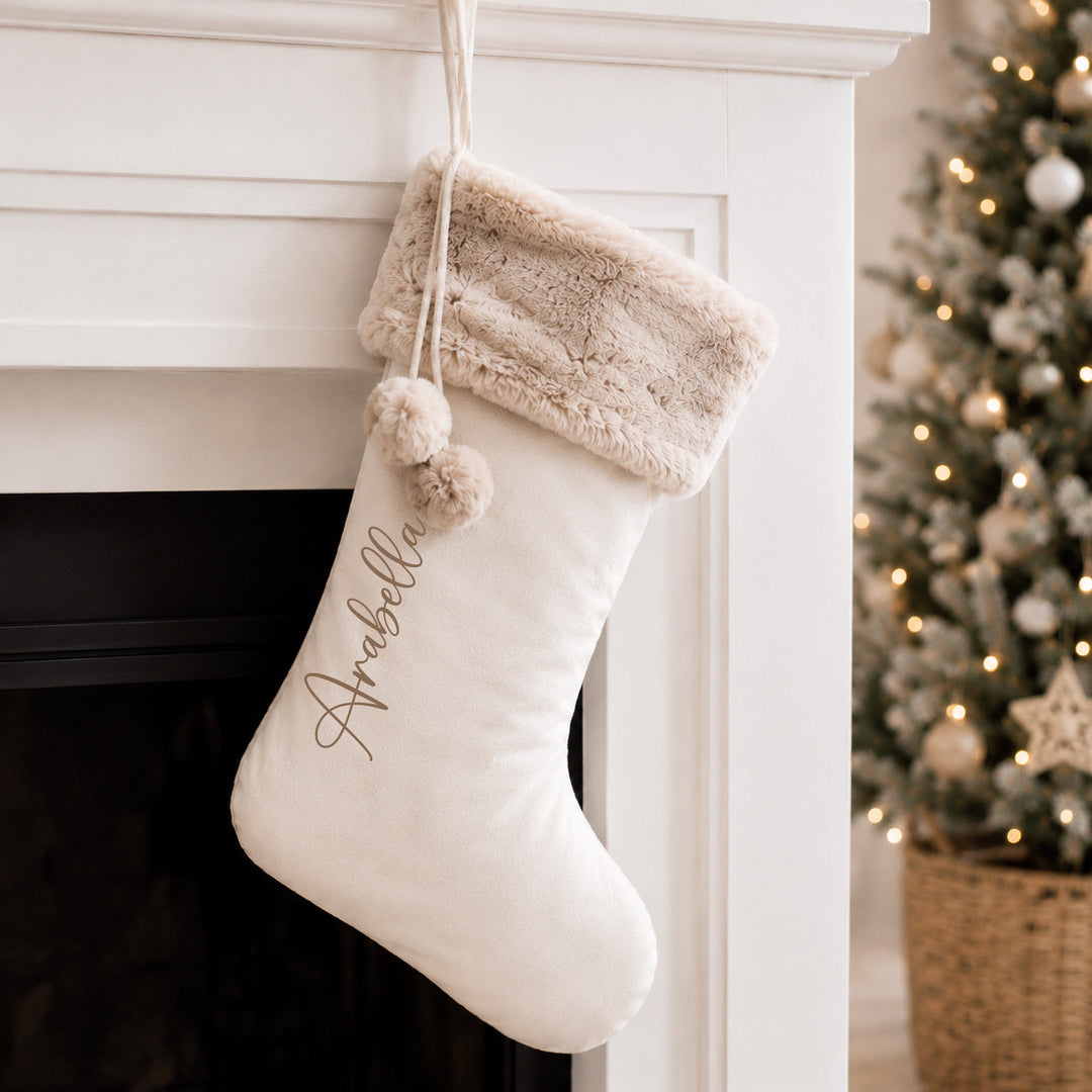 Personalised Script Name Fur Trim Christmas Stocking or Santa Sack