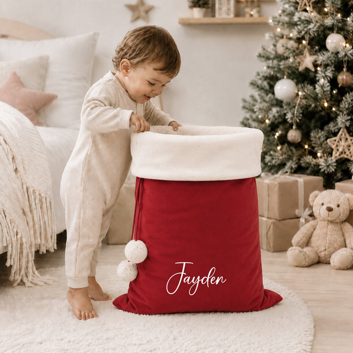 Personalised Script Name Fur Trim Christmas Stocking or Santa Sack