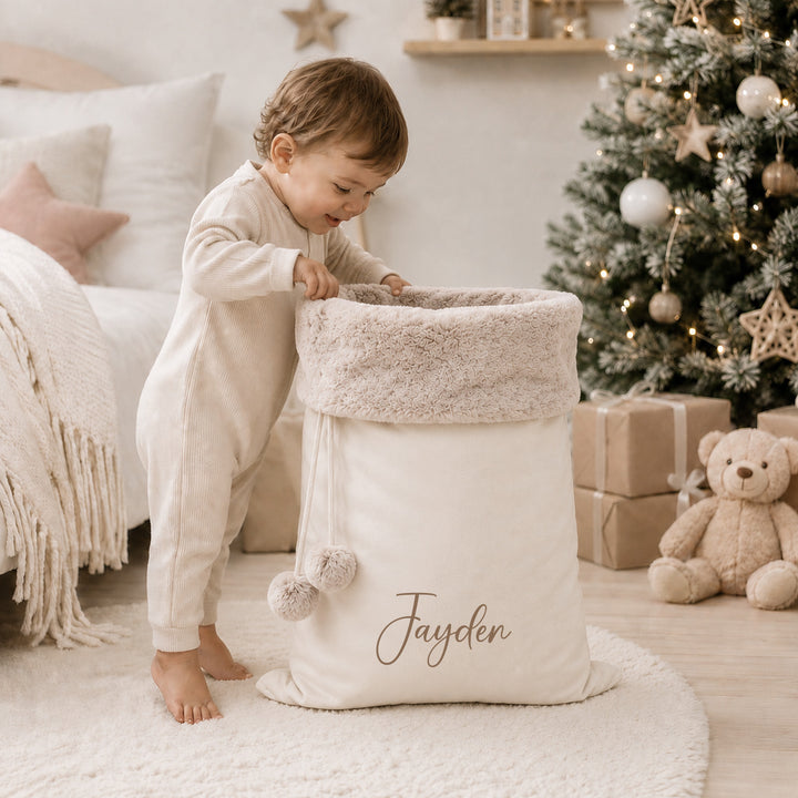 Personalised Script Name Fur Trim Christmas Stocking or Santa Sack