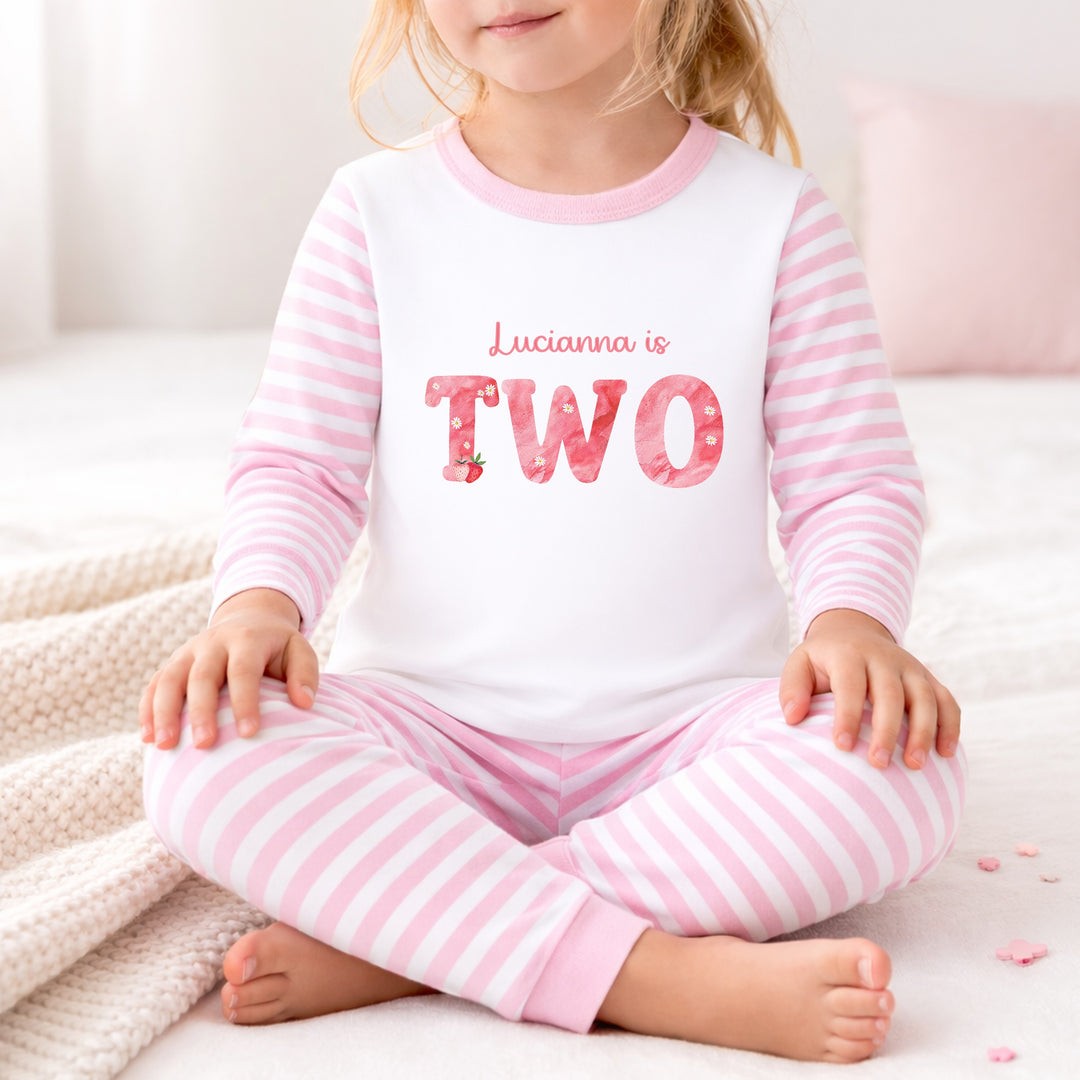 Personalised Strawberries Pink Stripe Second Birthday Pyjamas