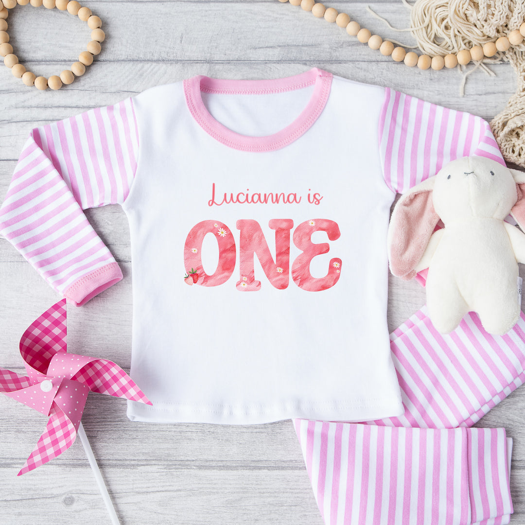 Personalised Strawberries Pink Stripe Birthday Pyjamas