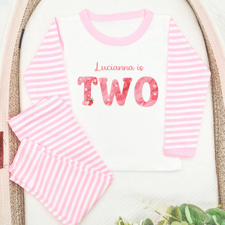 Personalised Strawberries Pink Stripe Second Birthday Pyjamas