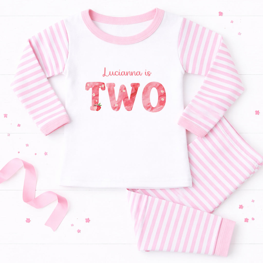 Personalised Strawberries Pink Stripe Second Birthday Pyjamas