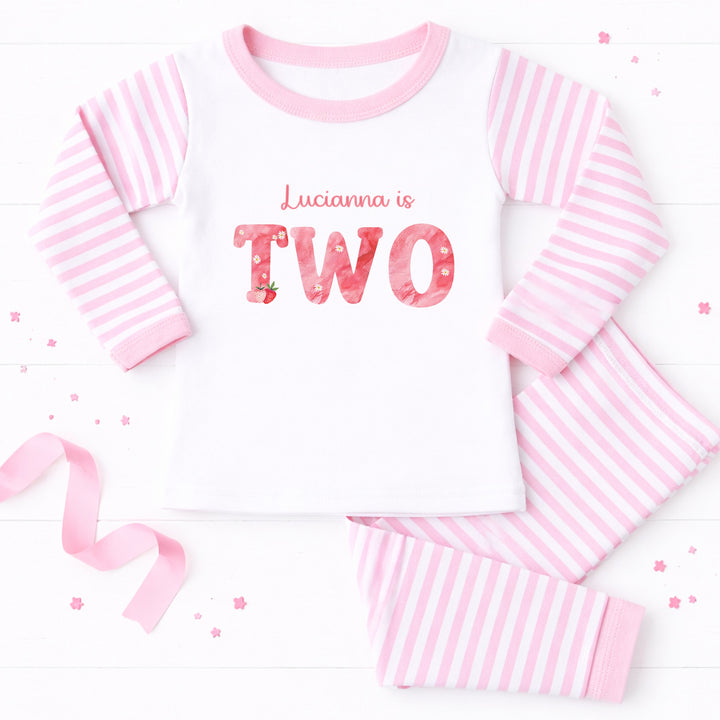 Personalised Strawberries Pink Stripe Second Birthday Pyjamas
