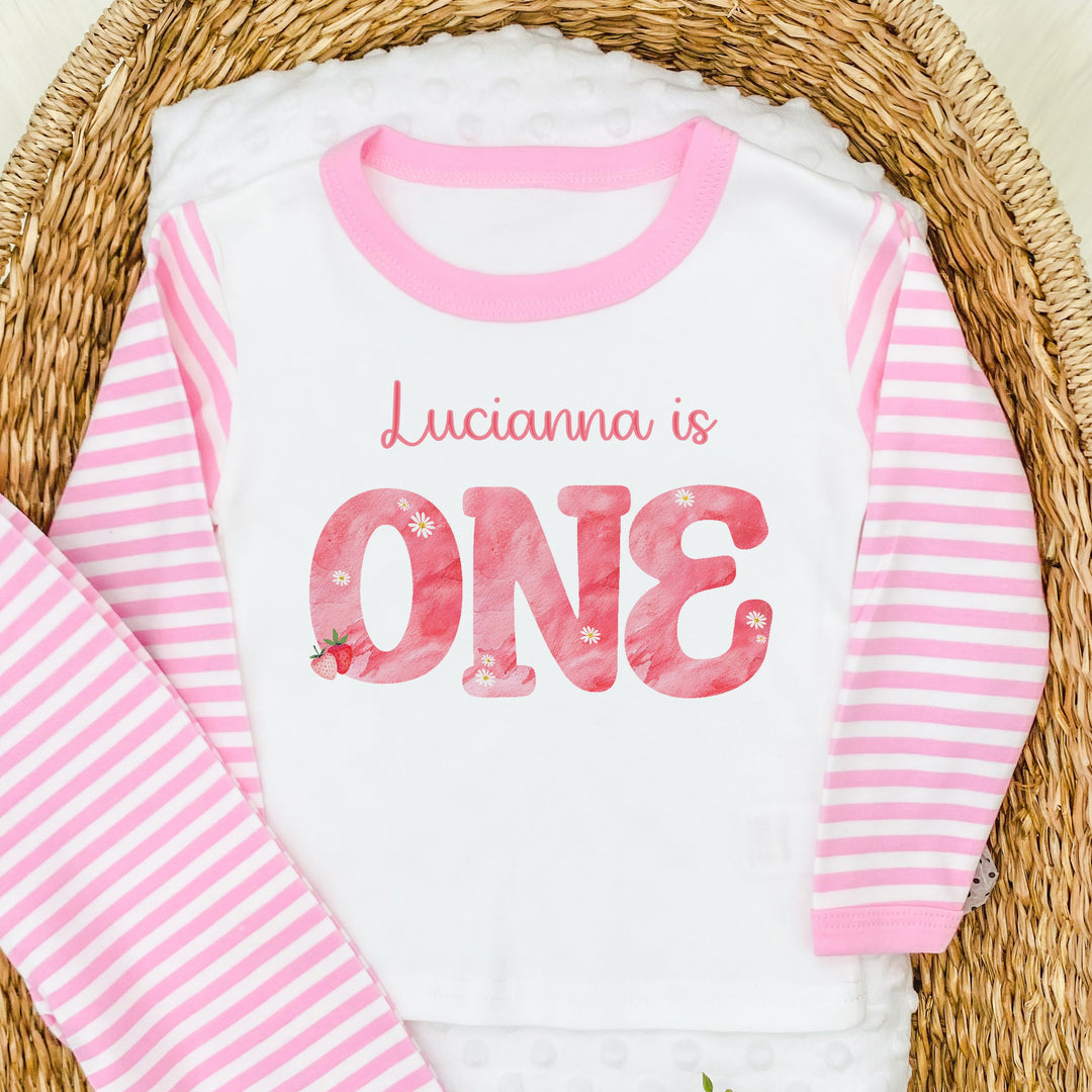 Personalised Strawberries Pink Stripe Birthday Pyjamas