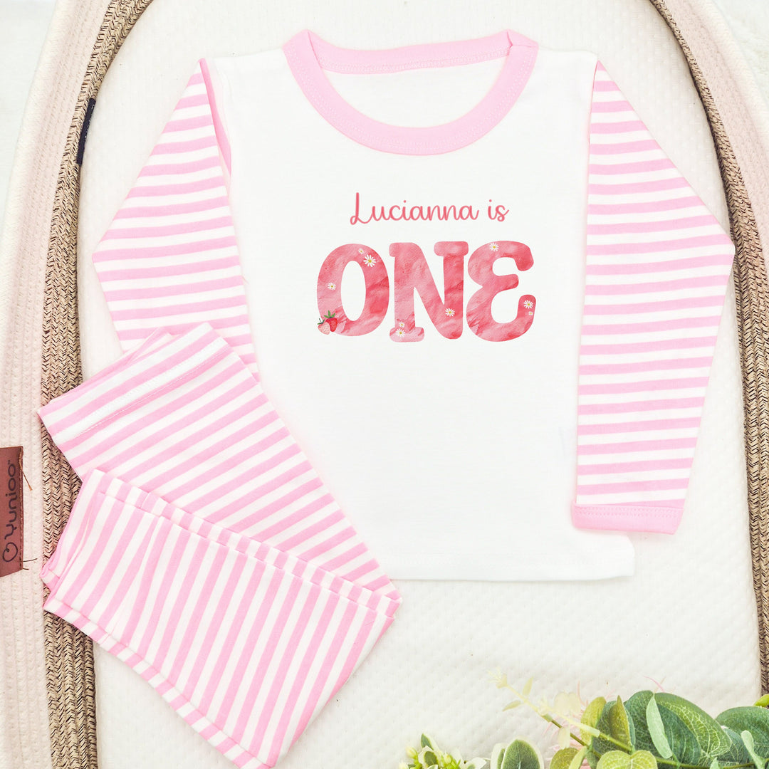 Personalised Strawberries Pink Stripe Birthday Pyjamas