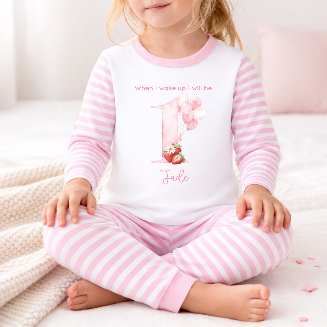 Personalised Strawberry Pink Stripe Birthday Pyjamas