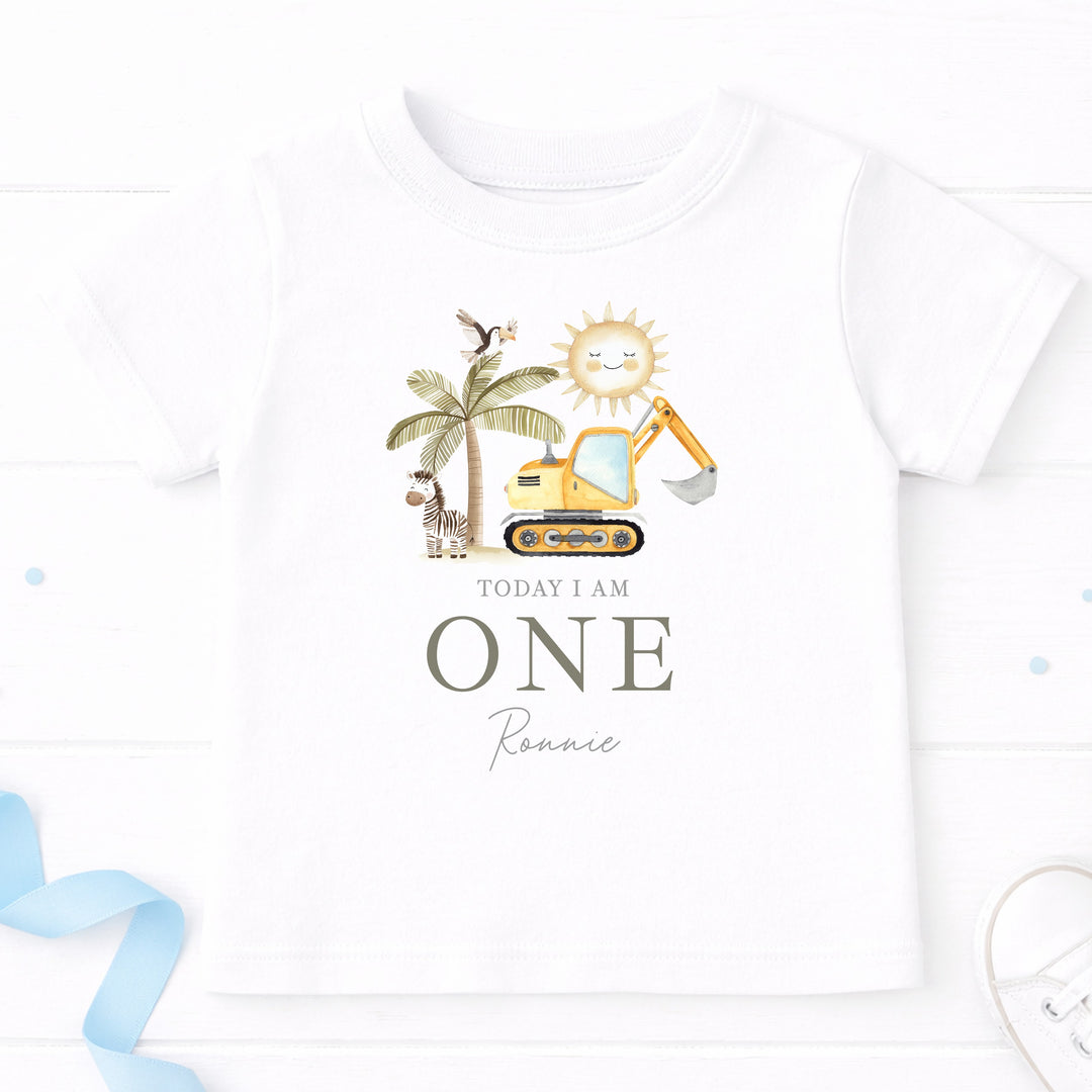 Personalised Digger Today I Am One Birthday T-Shirt