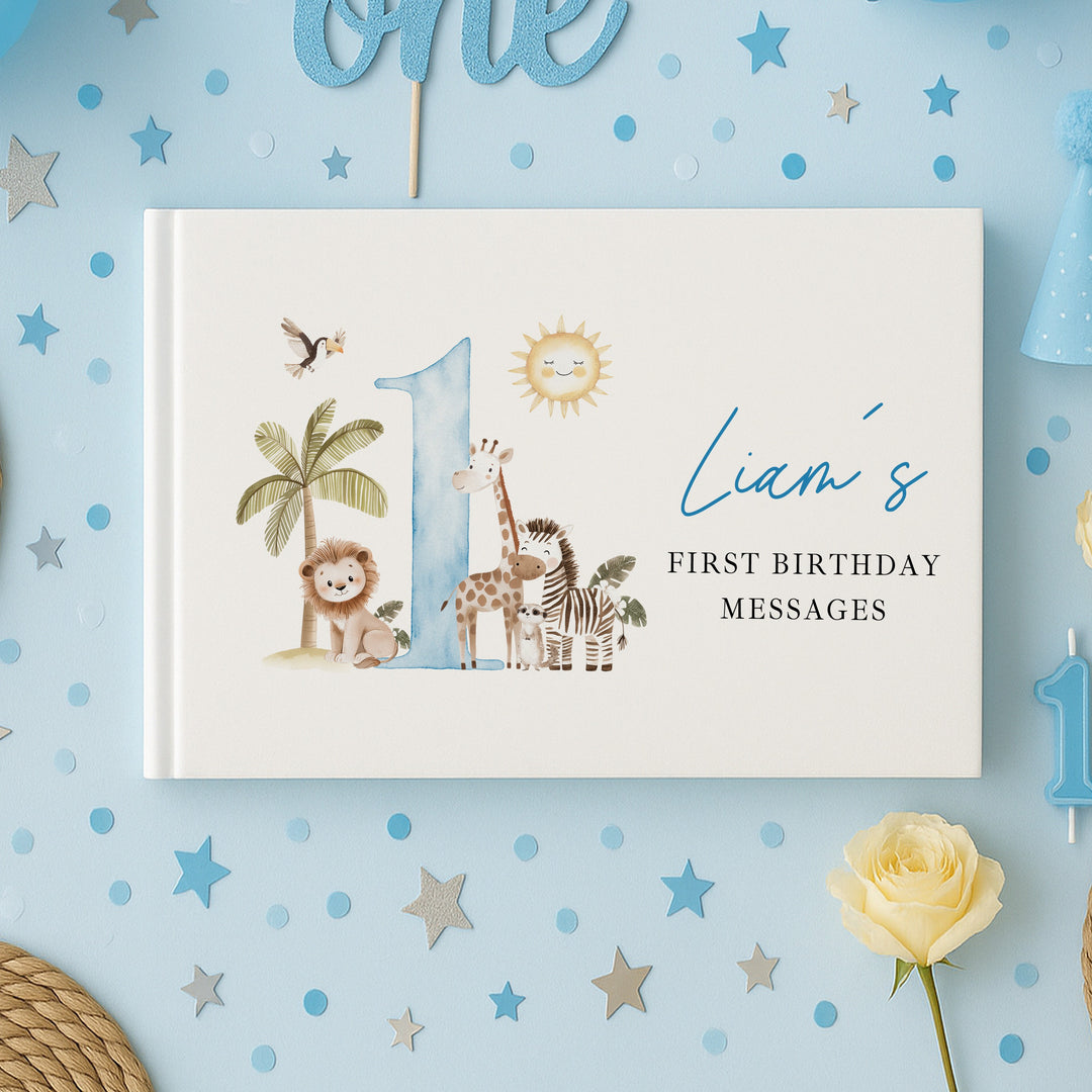 Personalised Blue Safari First Birthday Guest Book