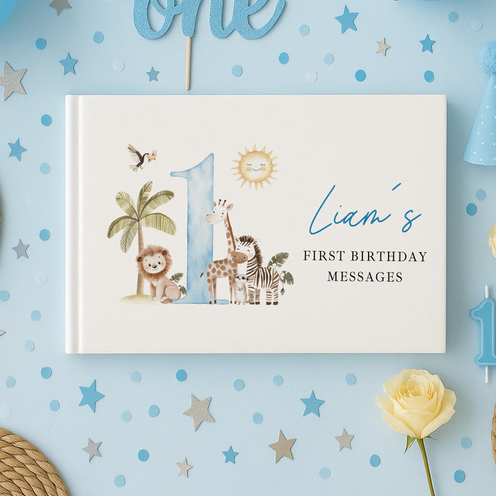 Personalised Blue Safari First Birthday Guest Book