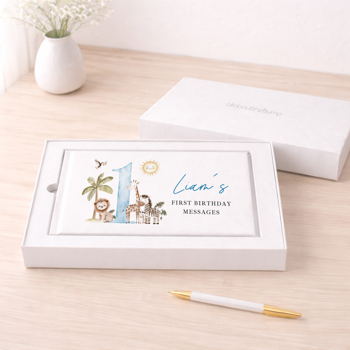 Personalised Blue Safari First Birthday Guest Book