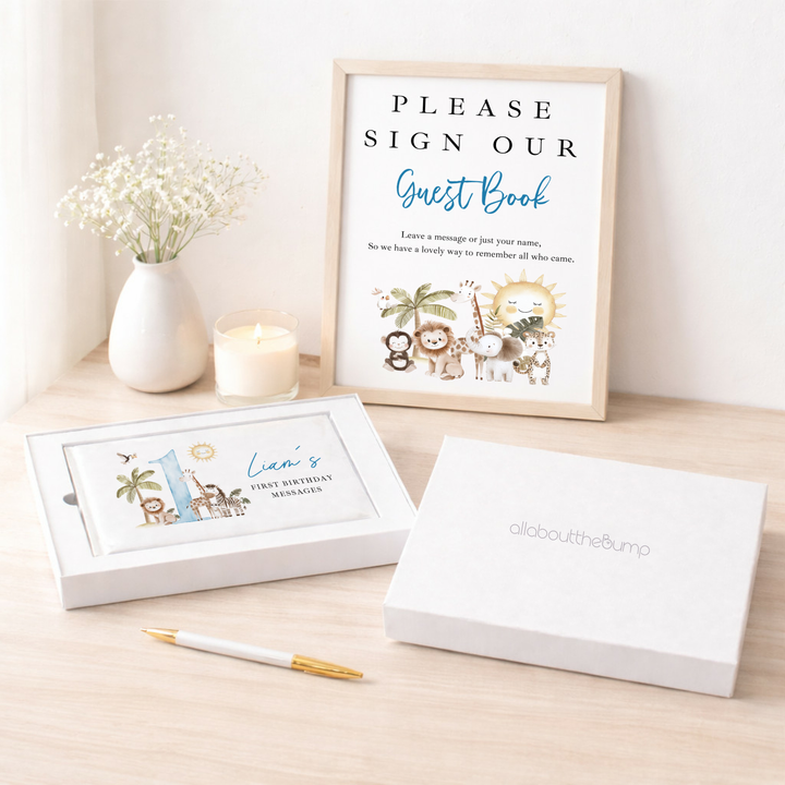 Personalised Blue Safari First Birthday Guest Book