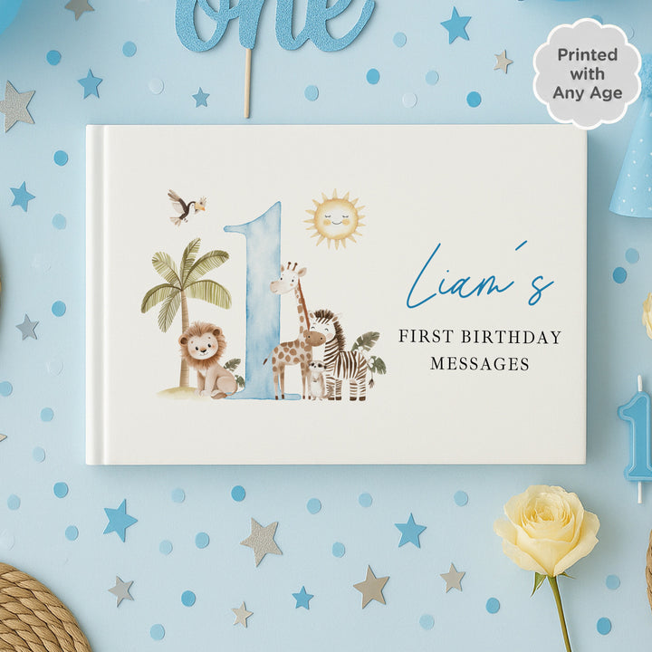 Personalised Blue Safari Any Age Birthday Guest Book