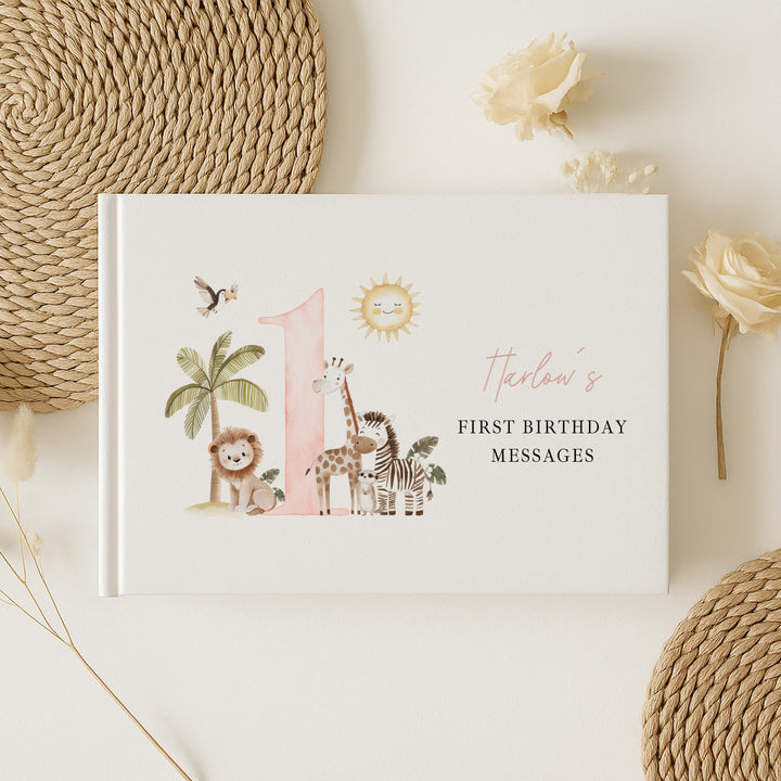 Personalised Pink Safari First Birthday Guest Book