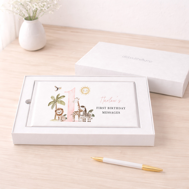 Personalised Pink Safari First Birthday Guest Book