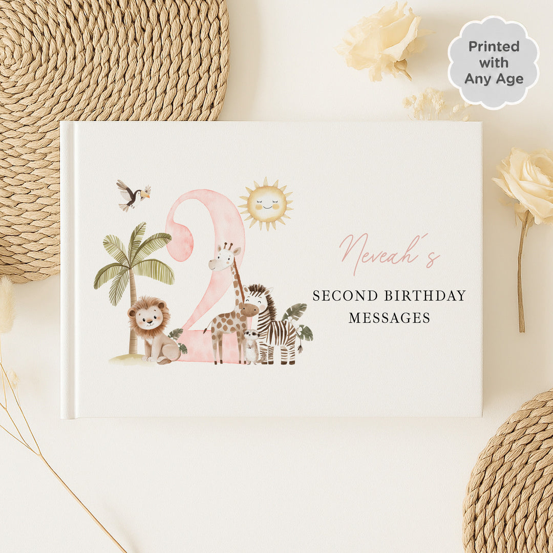 Personalised Pink Safari Any Age Birthday Guest Book
