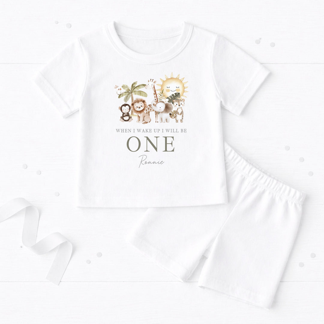 Personalised Beige Jungle First Birthday Short Sleeve Pyjamas