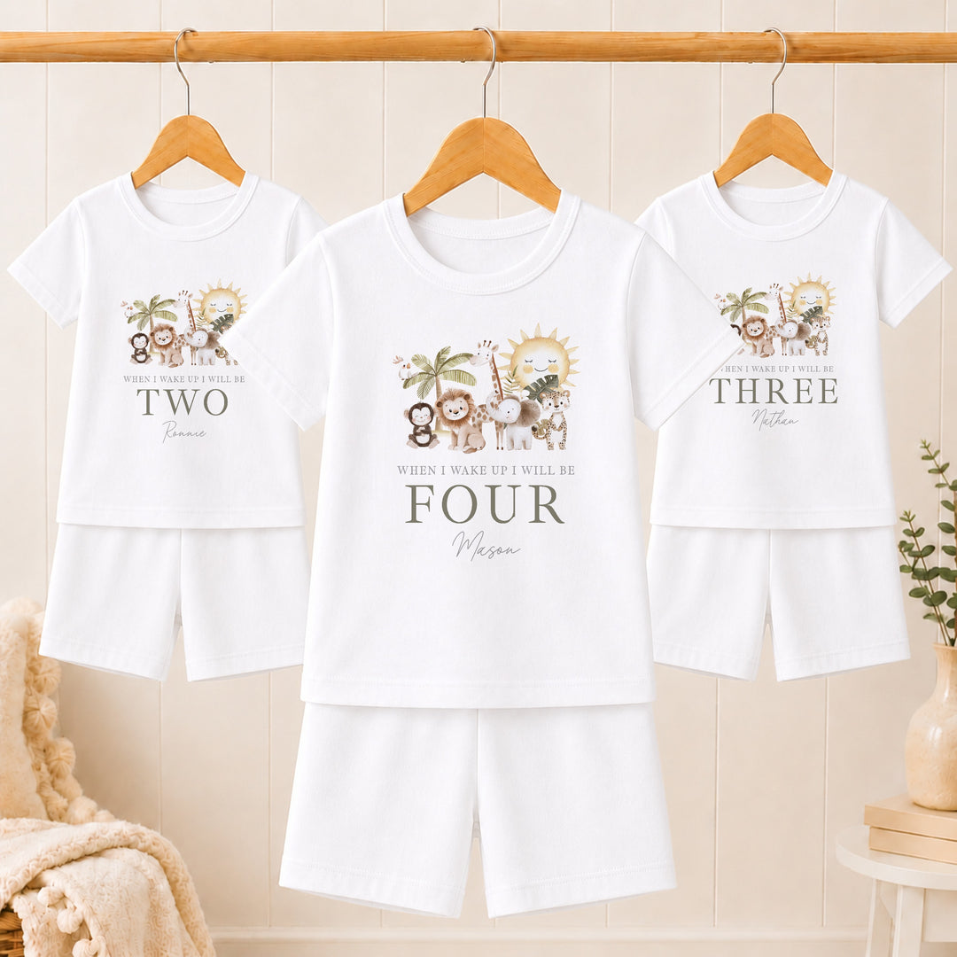 Personalised Beige Jungle Any Age Short Sleeve Birthday Pyjamas