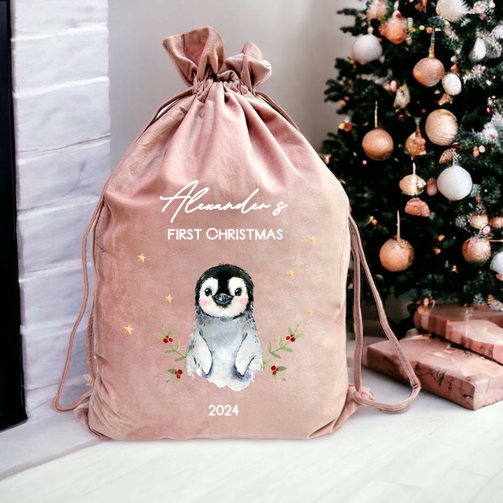 Personalised Christmas Penguin Christmas Stocking or Santa Sack