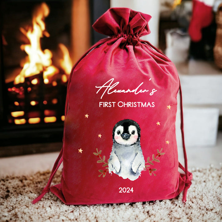 Personalised Christmas Penguin Christmas Stocking or Santa Sack