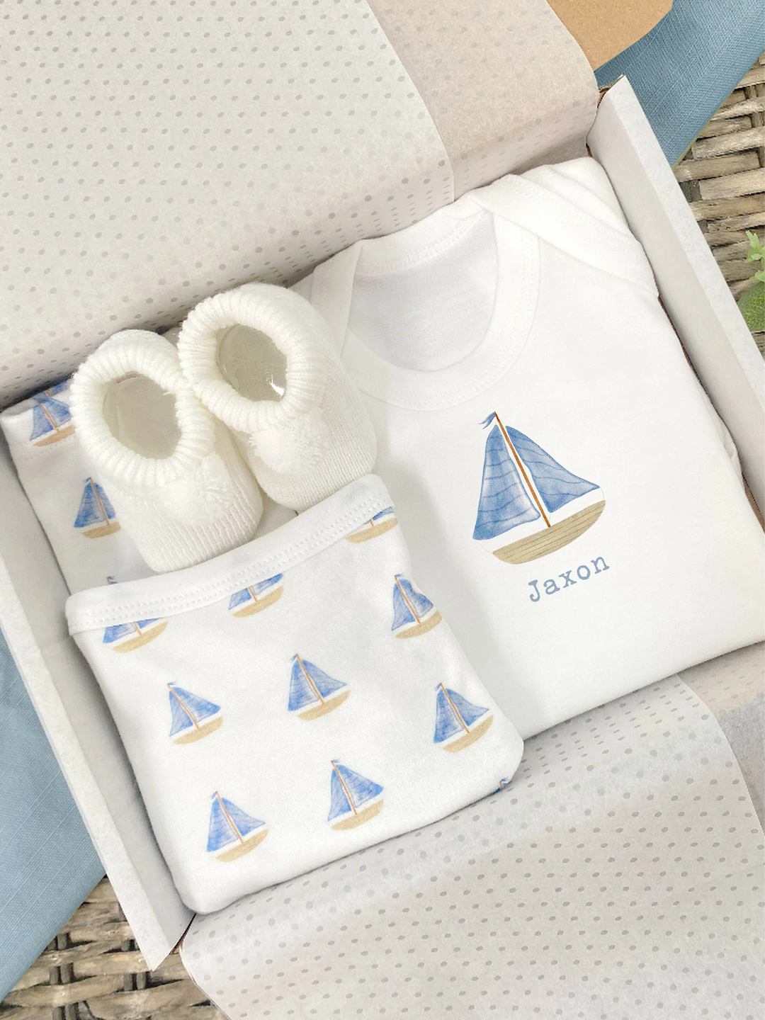 Personalised New Baby Boy Boats Gift Hamper Set