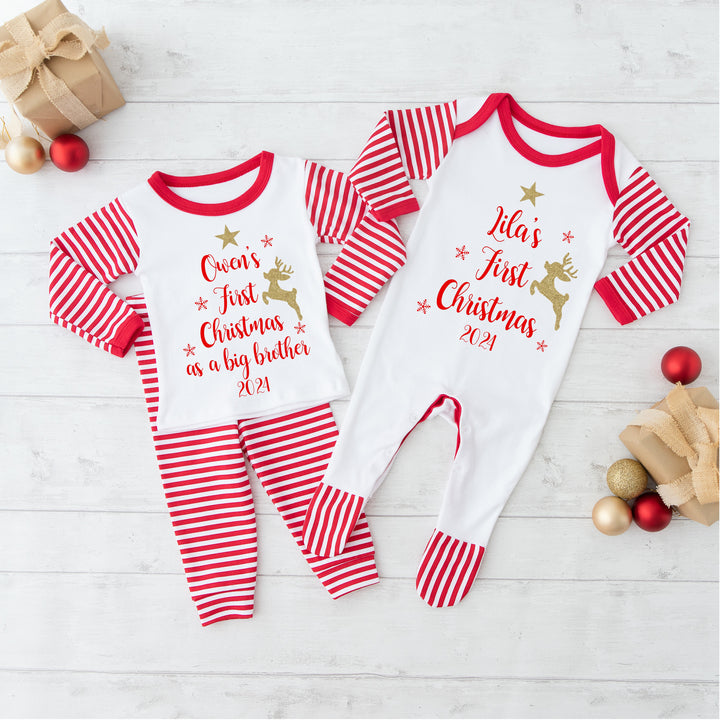 Personalised First Christmas Matching Sibling Babygrow/ Pyjama Set