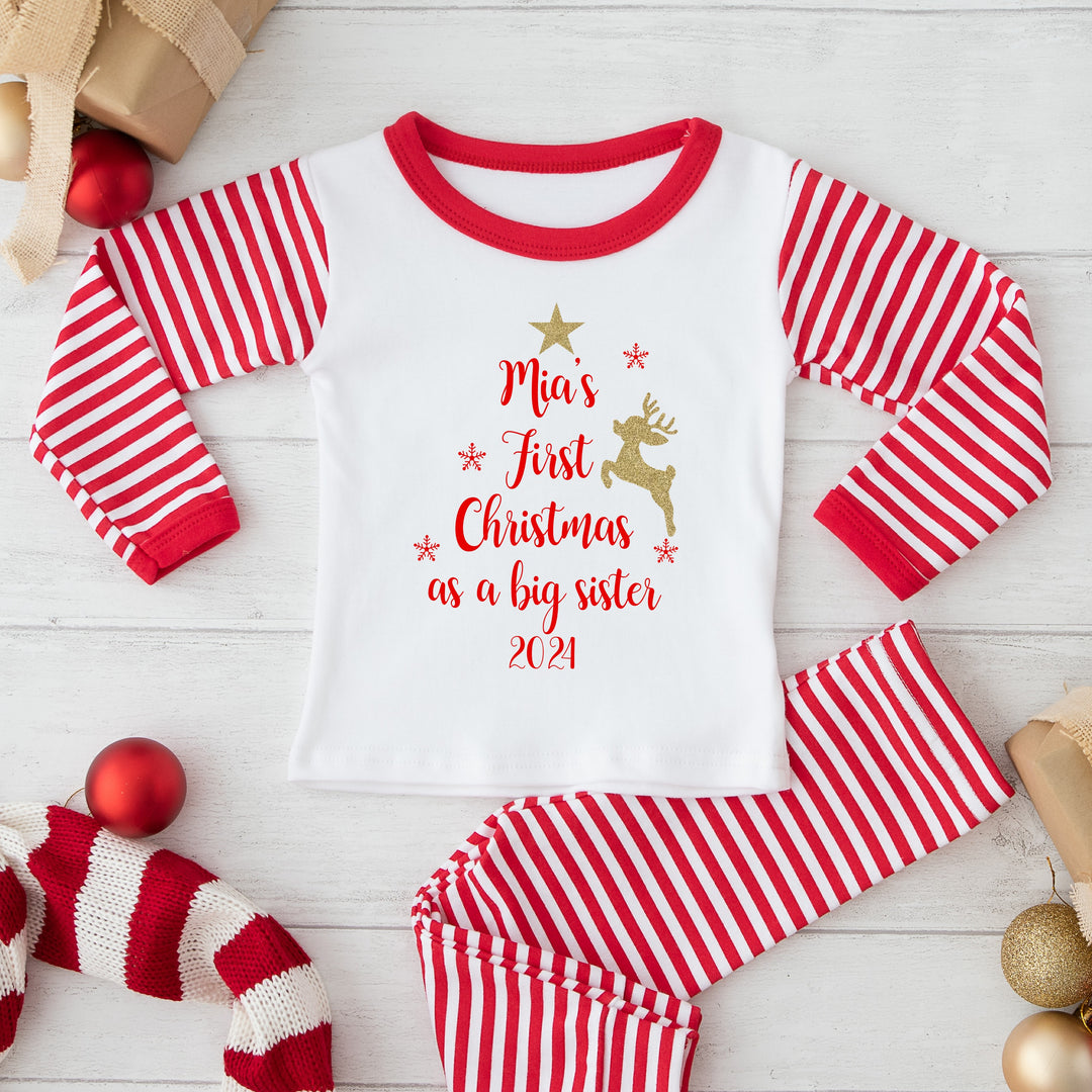 Personalised First Christmas Matching Sibling Babygrow/ Pyjama Set