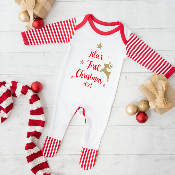 Personalised First Christmas Matching Sibling Babygrow/ Pyjama Set