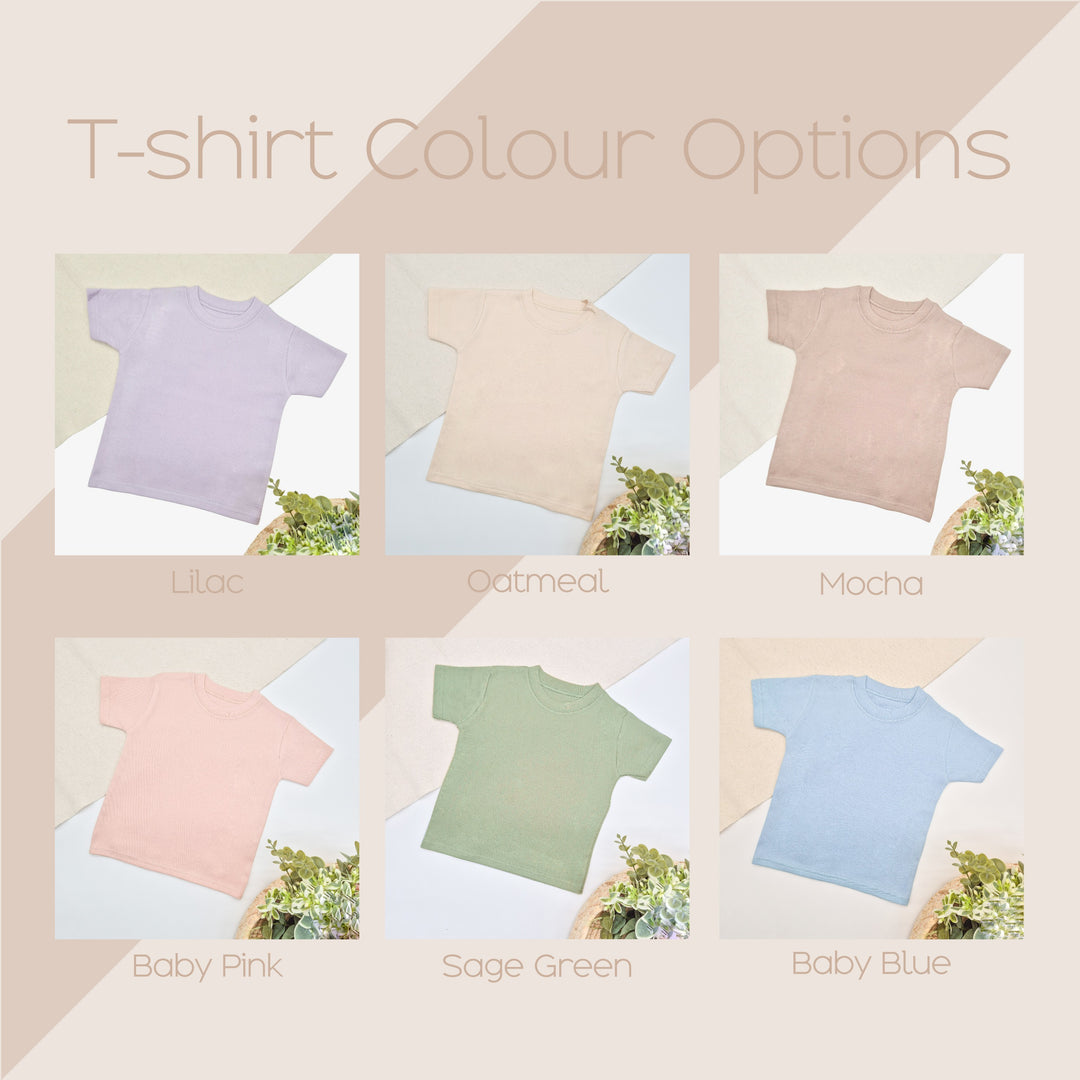 This design is avaliable on 6 different coloured t-shrits. Lilac, Oatmeal, Mocha, Baby Pink, Sage Green, Baby Blue