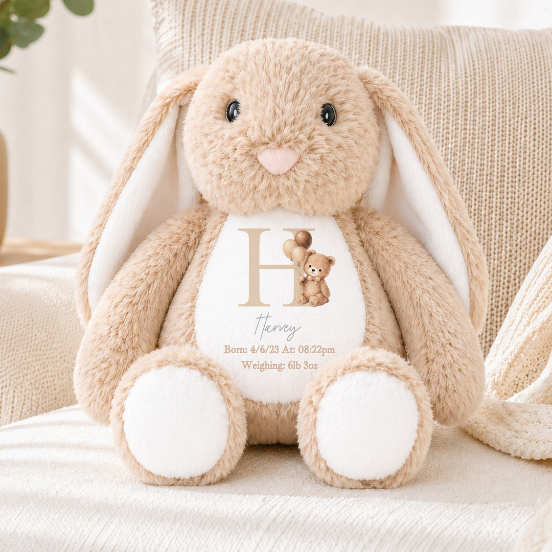 Personalised Beige Teddy Initial Birth Announcement Soft Toy