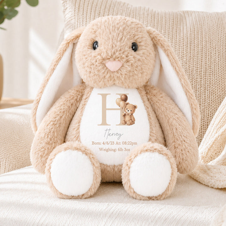 Personalised Beige Teddy Initial Birth Announcement Soft Toy