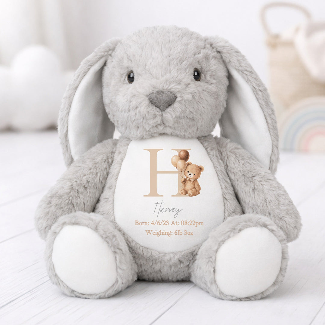 Personalised Beige Teddy Initial Birth Announcement Soft Toy