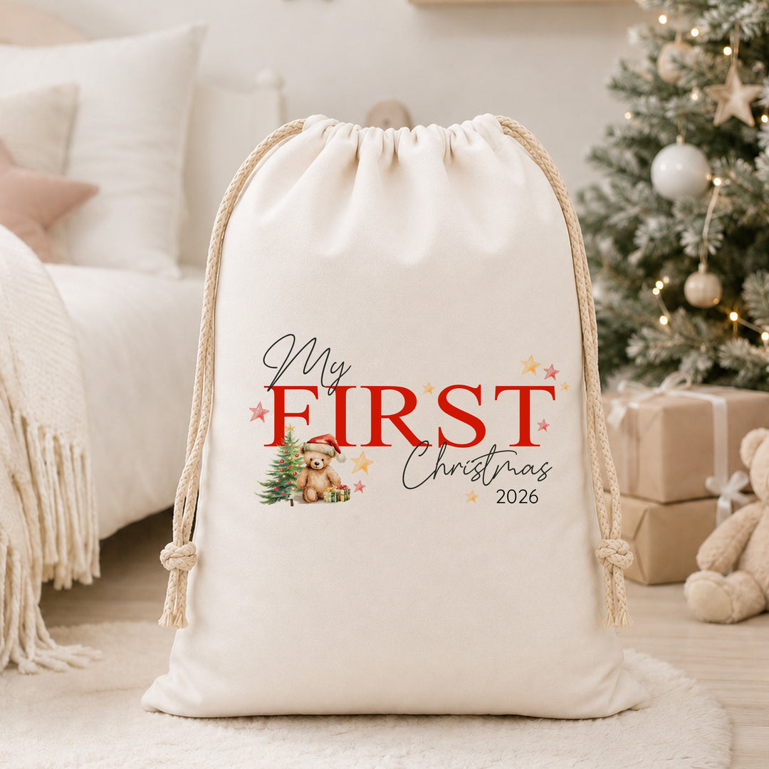 Red Teddy My First Christmas Canvas Santa Sack