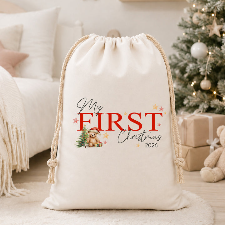 Red Teddy My First Christmas Canvas Santa Sack