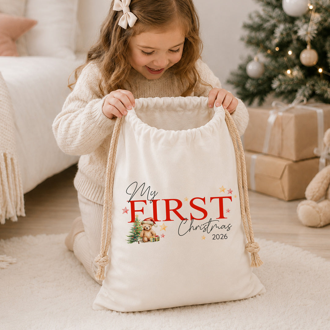 Red Teddy My First Christmas Canvas Santa Sack