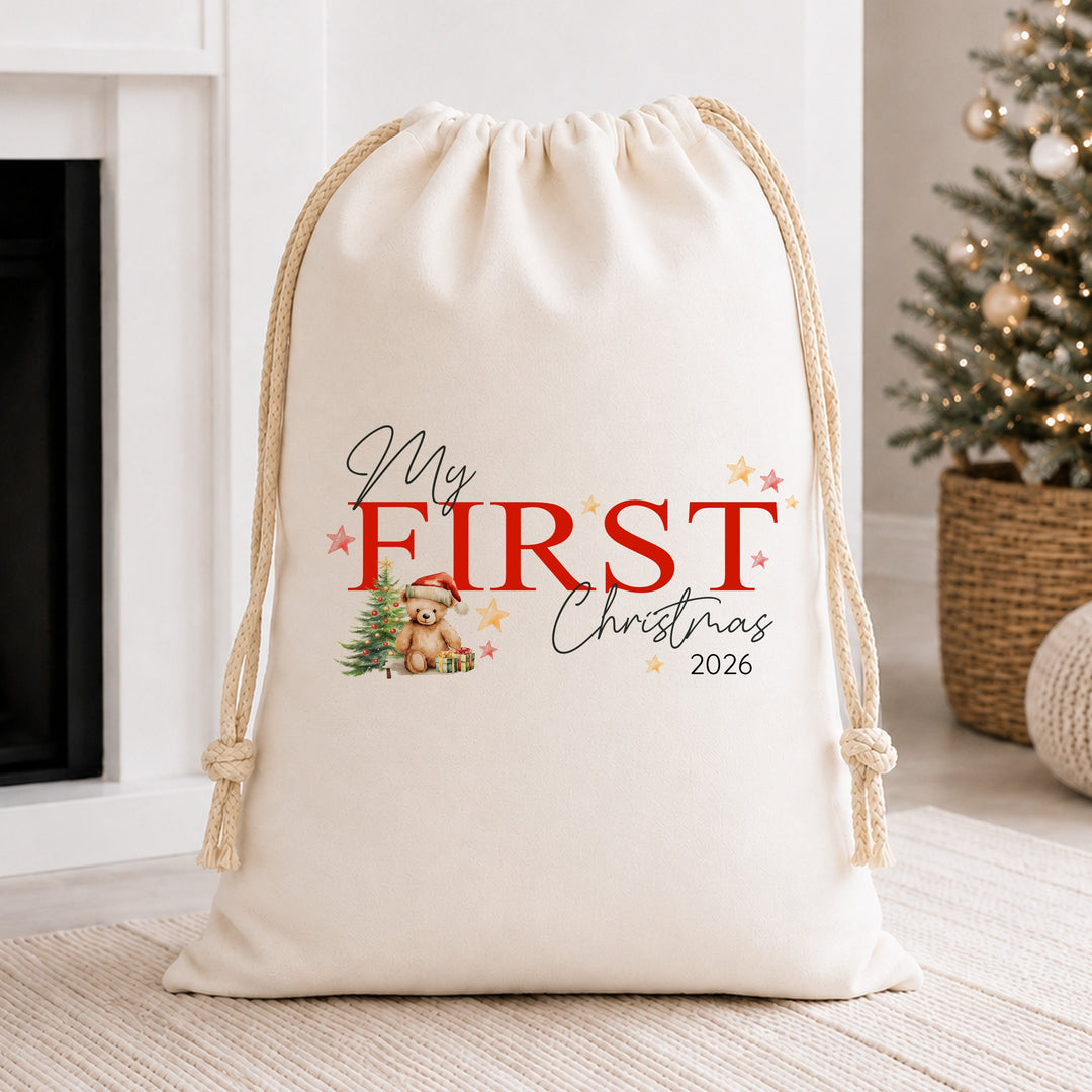 Red Teddy My First Christmas Canvas Santa Sack