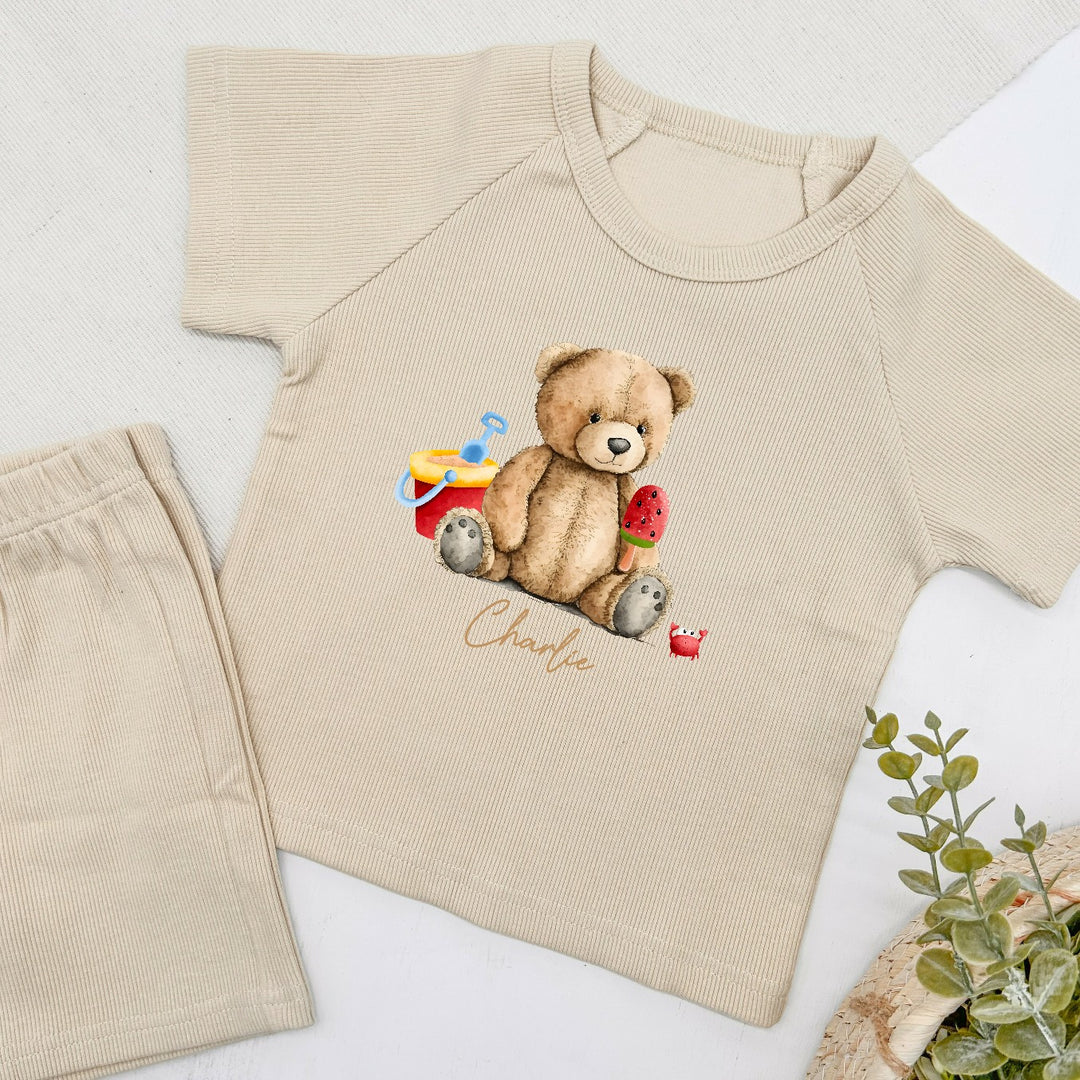 Personalised Sand Castle Teddy Ribbed Shorts Set