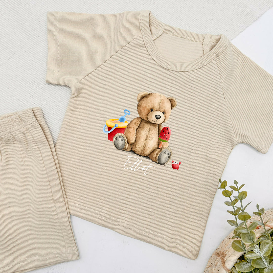 Personalised Sand Castle Teddy Ribbed Shorts Set