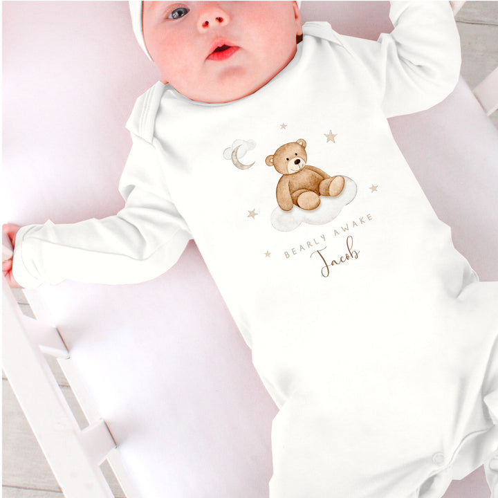 Personalised Barely Awake Bear Beige Babygrow/Vest