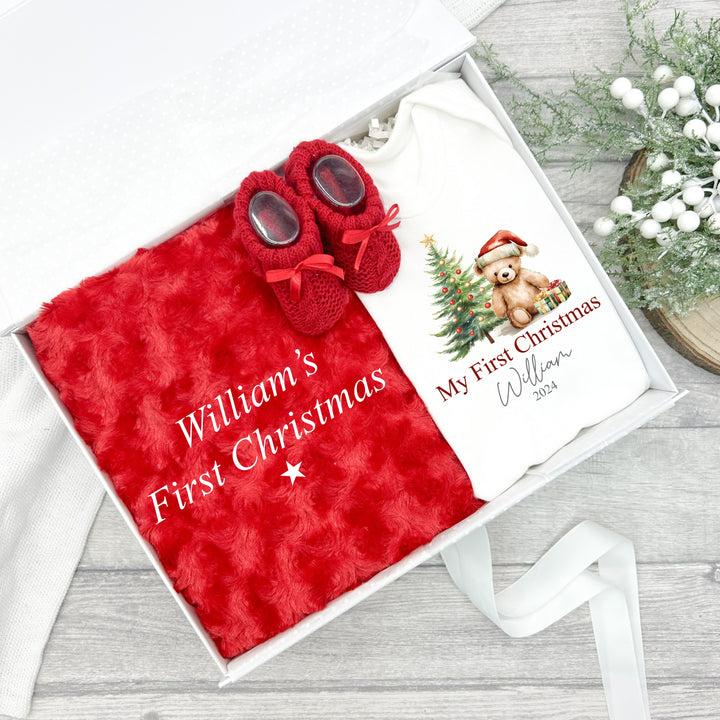 Personalised My First Christmas Red Teddy Embroidered Blanket Hamper