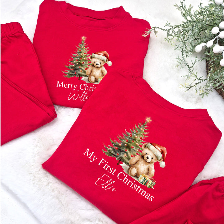 Personalised Red Frilly Teddy Bear Christmas Pyjamas