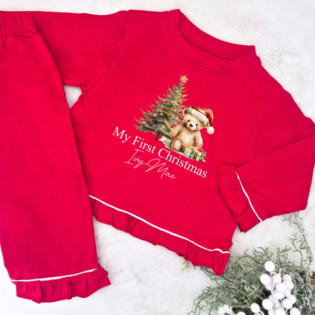 Personalised Red Frilly Teddy Bear Christmas Pyjamas