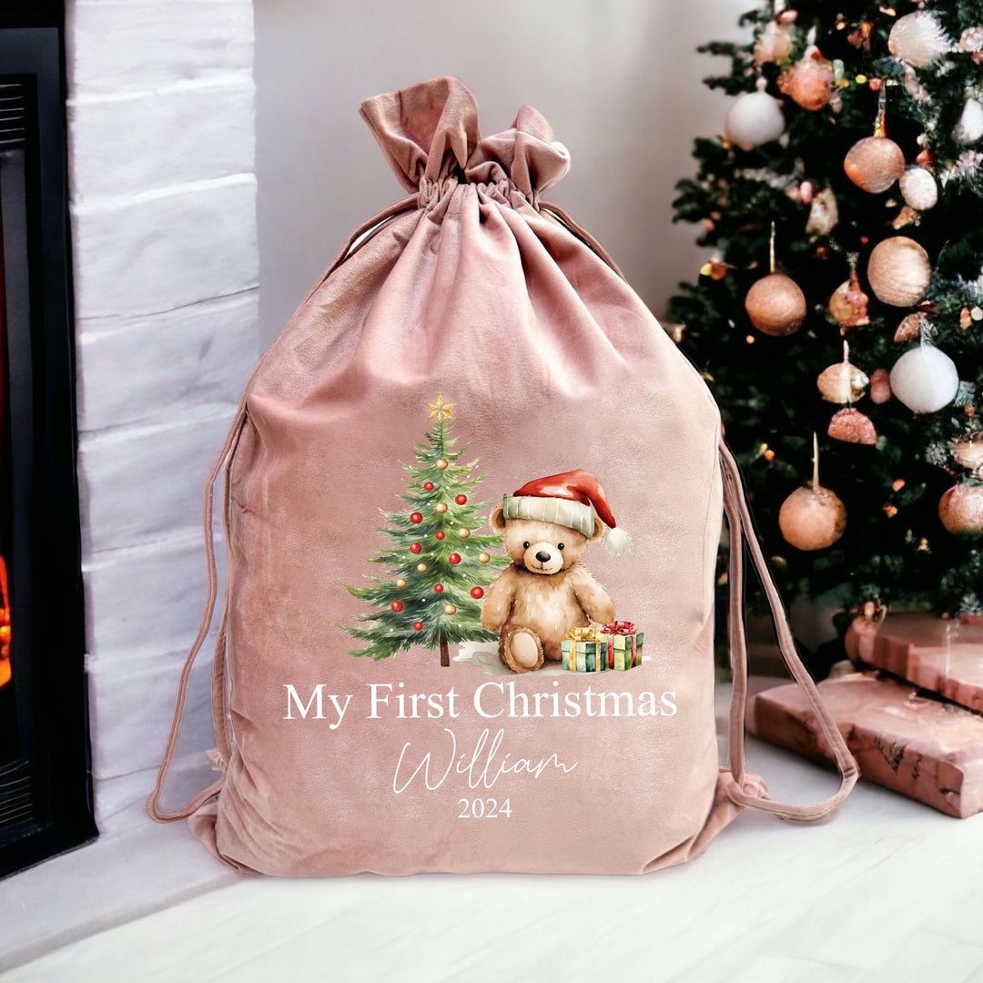 Personalised Red Teddy Christmas Stocking or Santa Sack