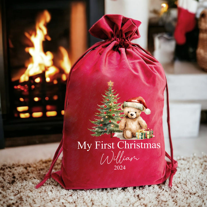 Personalised Red Teddy Christmas Stocking or Santa Sack