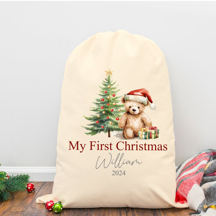 Personalised Red Teddy Santa Sack or Stocking